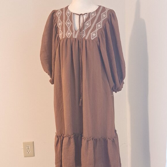 Aura BOHO Brown Embroidered Panel A Line Midi Prairie Dress Size XS - Picture 1 of 10